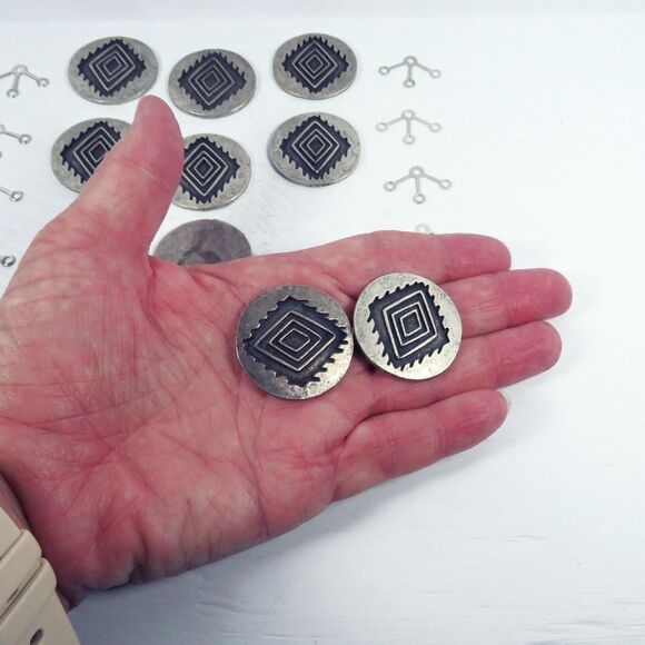 Vintage Aztec Style Metal Cabochons, Jewelry Making Supplies, Dangle Attachments - Picture 6 of 6